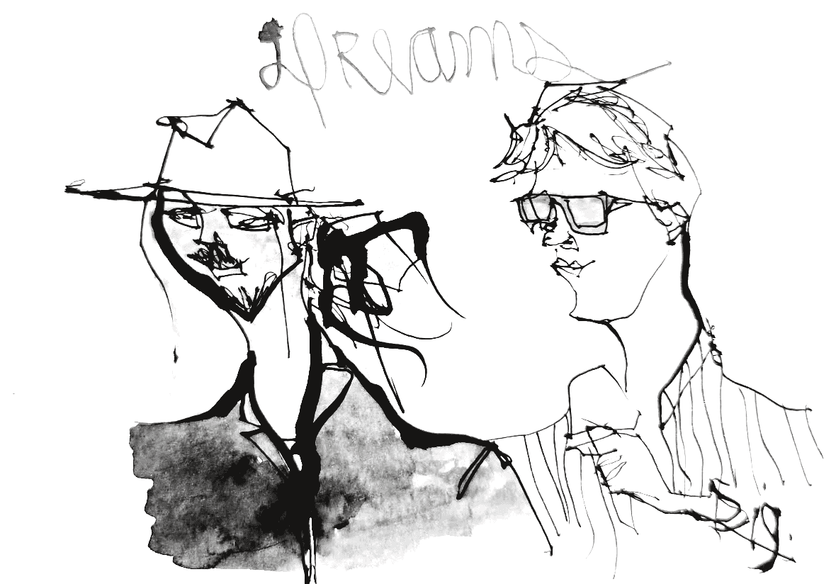 Dig Ferreira's ink drawing of two dreamers, with the word dreams written above them